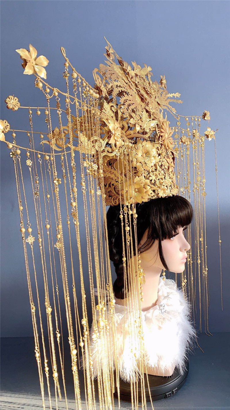 汉服发冠女古风凤冠秀禾新娘头饰金色发饰