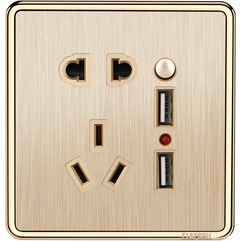 插座充电香槟金 usb 型墙壁插座五孔插座板五孔带开关双 86 国际电工