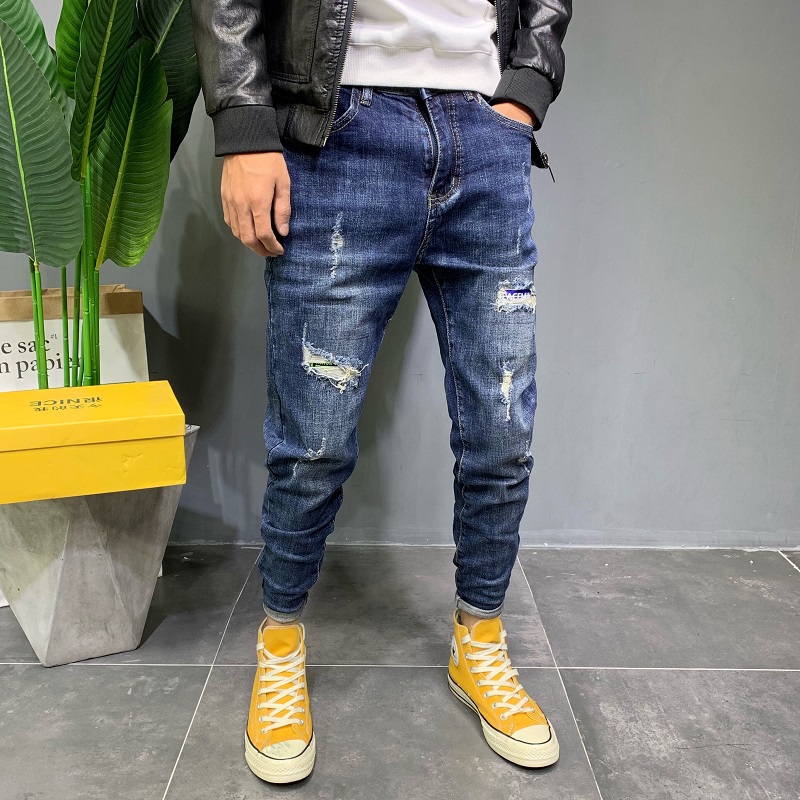 夏季潮男精神小伙修身小脚牛仔裤男潮牌破洞韩版水洗蓝青年哈伦裤