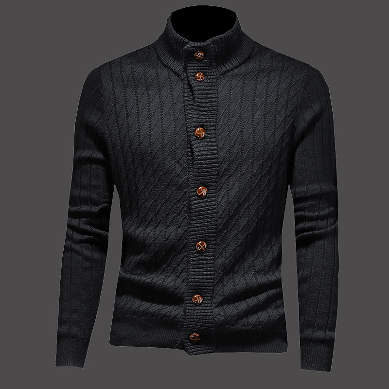 暗花纹纽扣半高领针织开衫男秋装中领羊毛毛衣潮外套线衫商务休闲