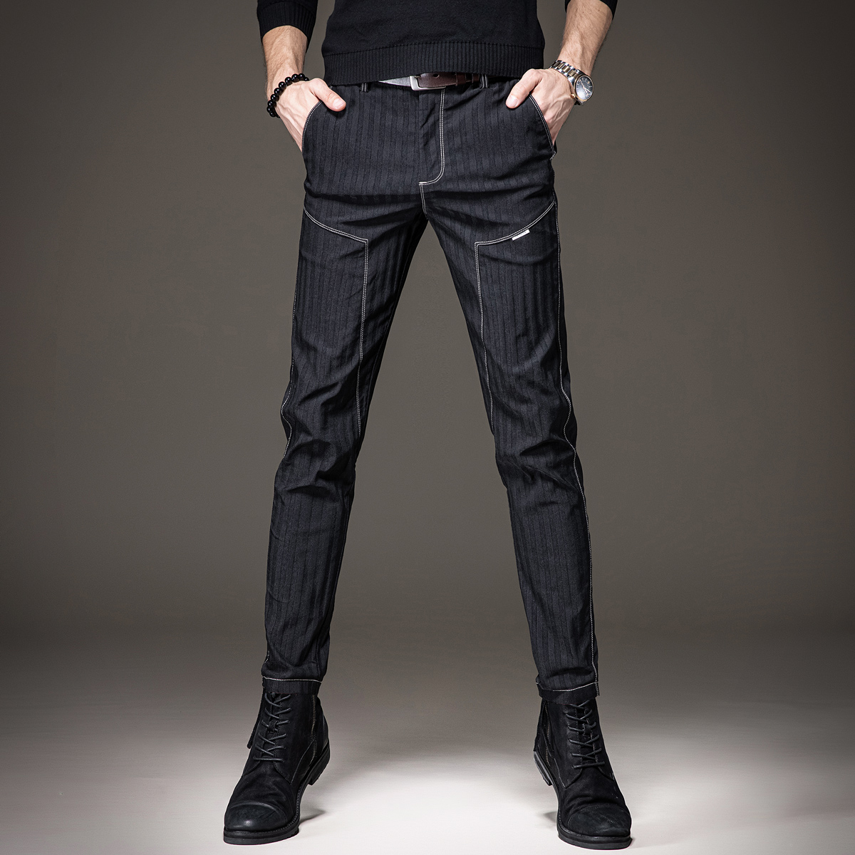 贵色春夏新款英伦条纹休闲裤男潮牌修身弹力黑色小脚潮流长裤子男