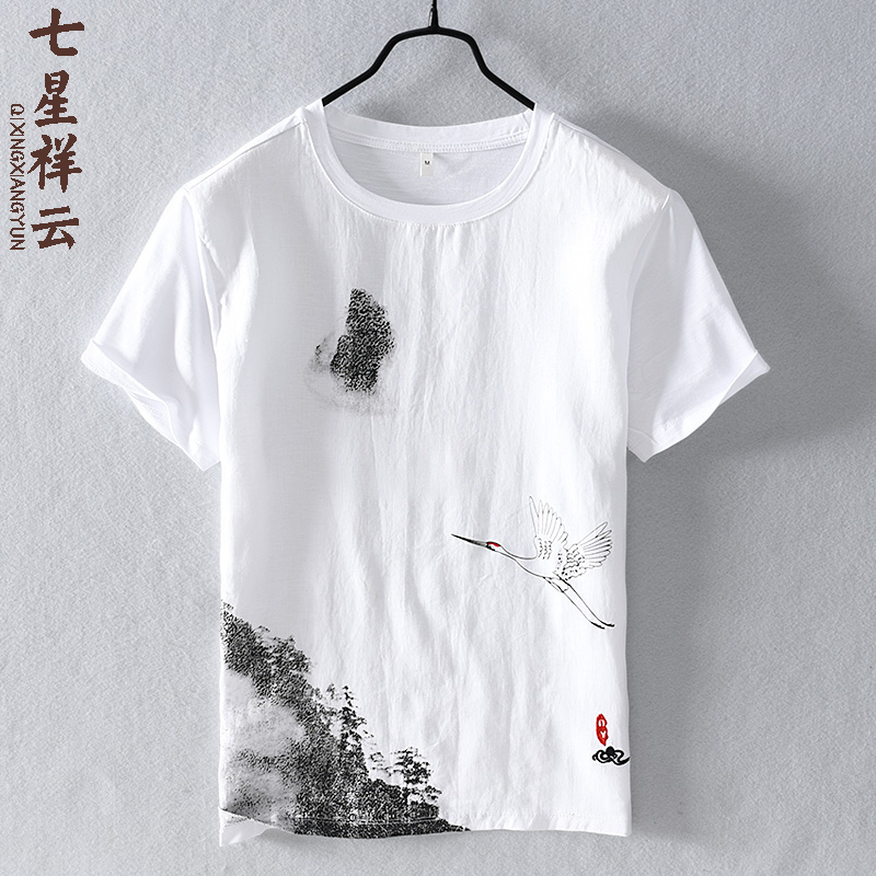 中国风刺绣亚麻T恤男短袖圆领宽松仙鹤印花拼接棉麻料体恤薄款潮