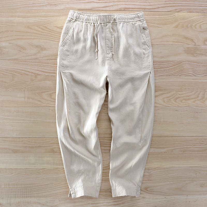 夏季薄款亚麻九分裤男宽松大码休闲裤松紧腰棉麻小脚裤阔腿哈伦裤