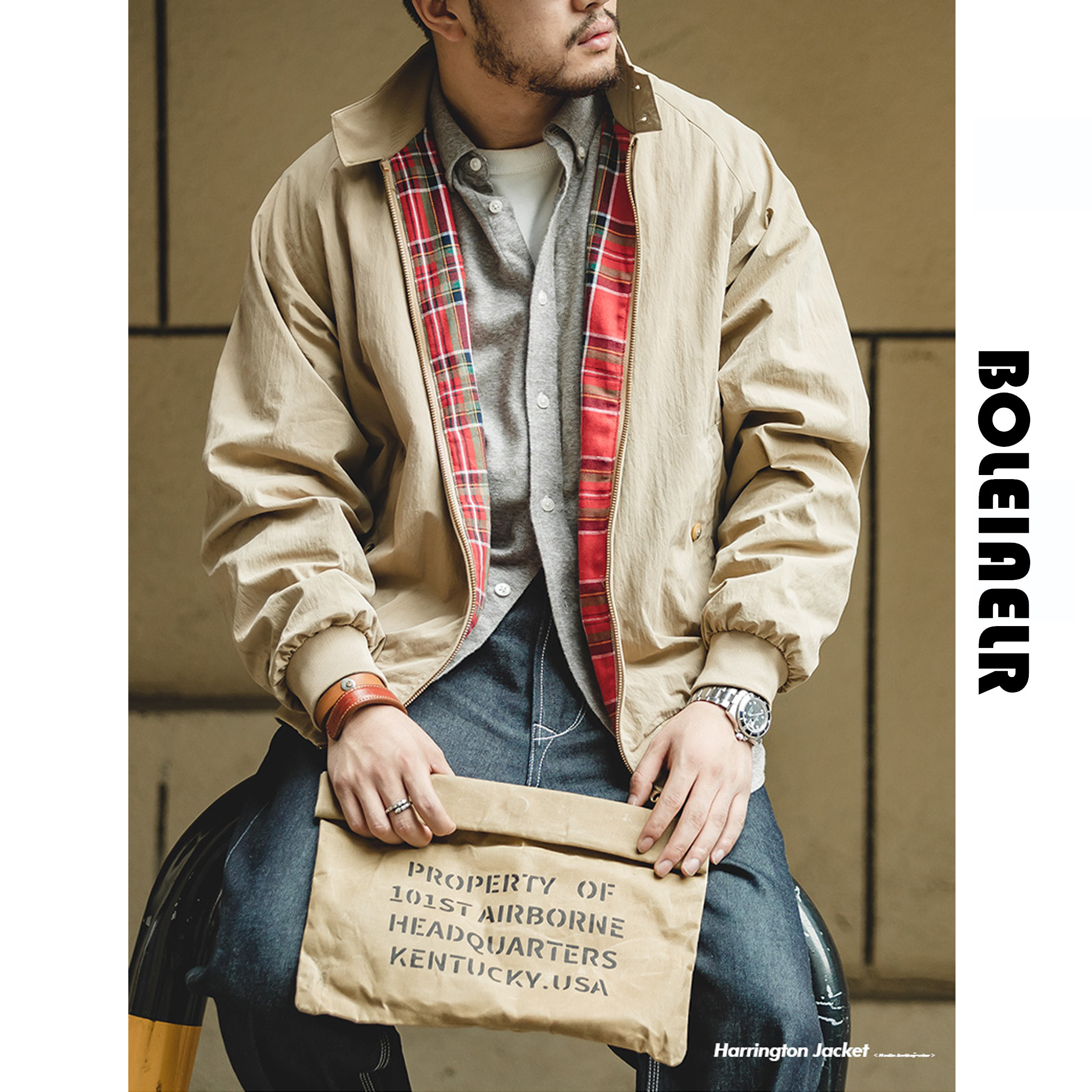 BOLEIAELR/斯坦森同款 春季设计感 哈灵顿夹克男防风机车短款外套