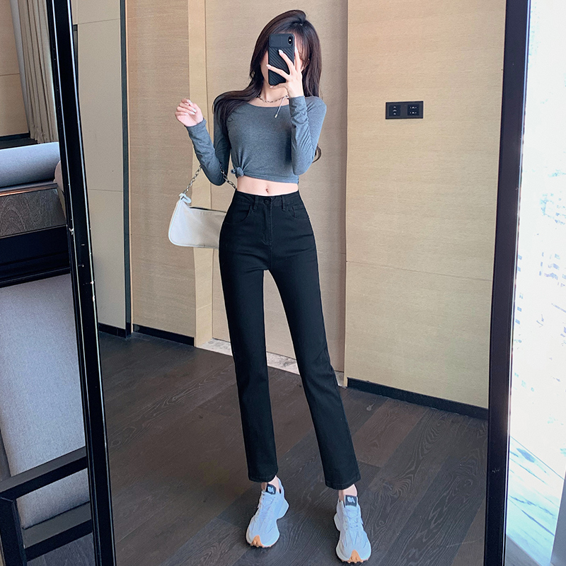 牛仔裤女春秋烟管裤2021年新款高腰小个子宽松显瘦直筒加绒裤子冬