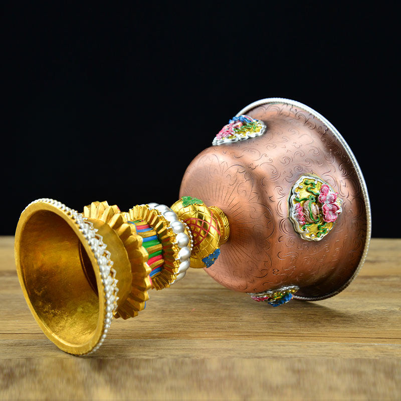 酥油油灯灯座纯铜彩绘供油西藏八吉祥莲花供佛酥油灯