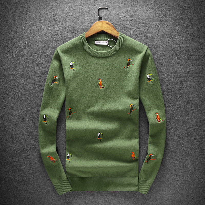 佐科秋冬男士毛衣保暖针织打底衫修身鹦鹉刺绣圆领套头线衣绿色潮