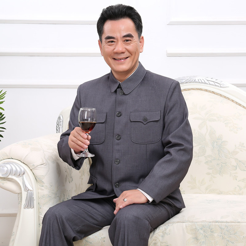 60岁父亲春装毛料中山装套装老年人中山服薄款外套民族服装