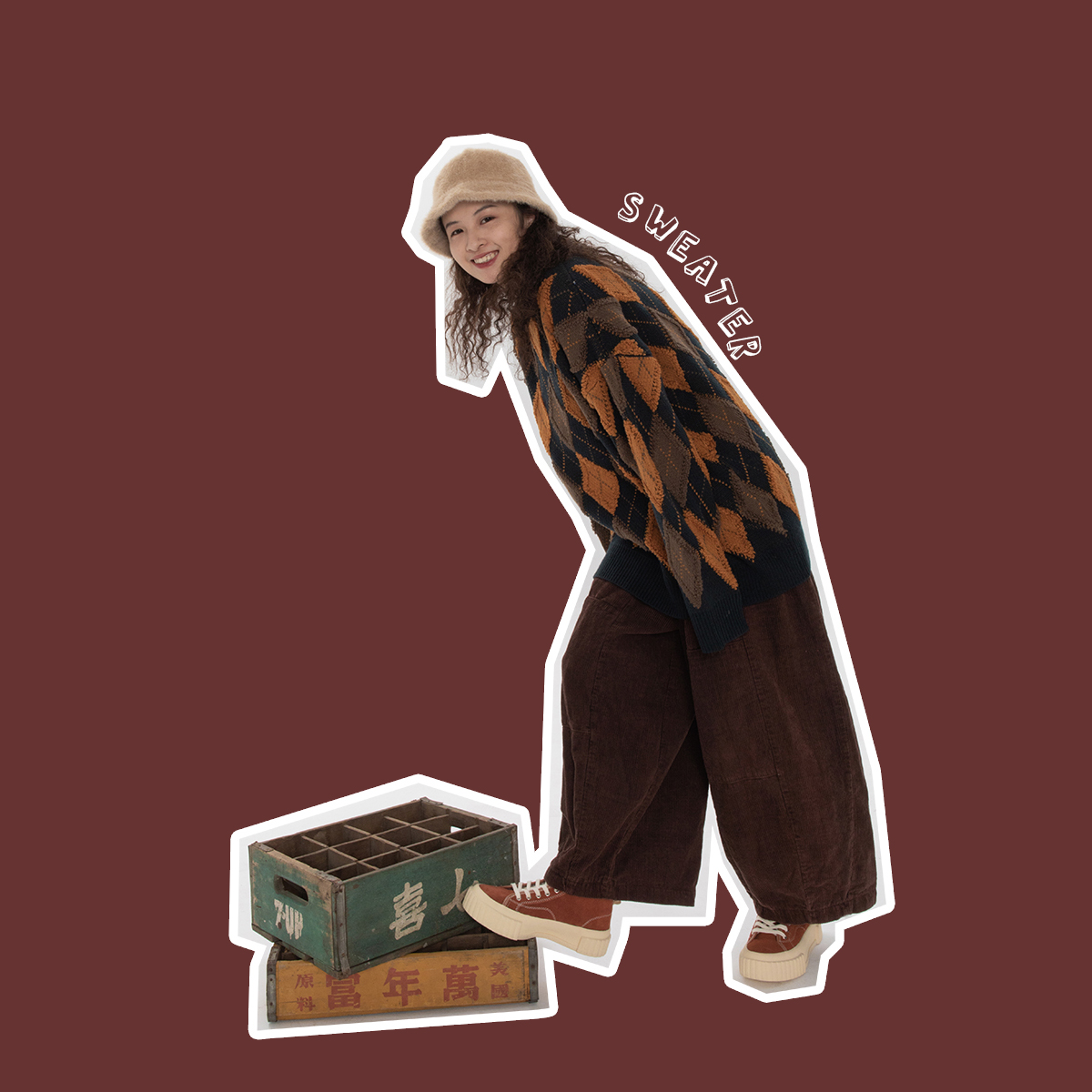 食着SLEEPZOO 日系文艺复古菱形格纹毛衣女 港风怀旧撞色针织上衣