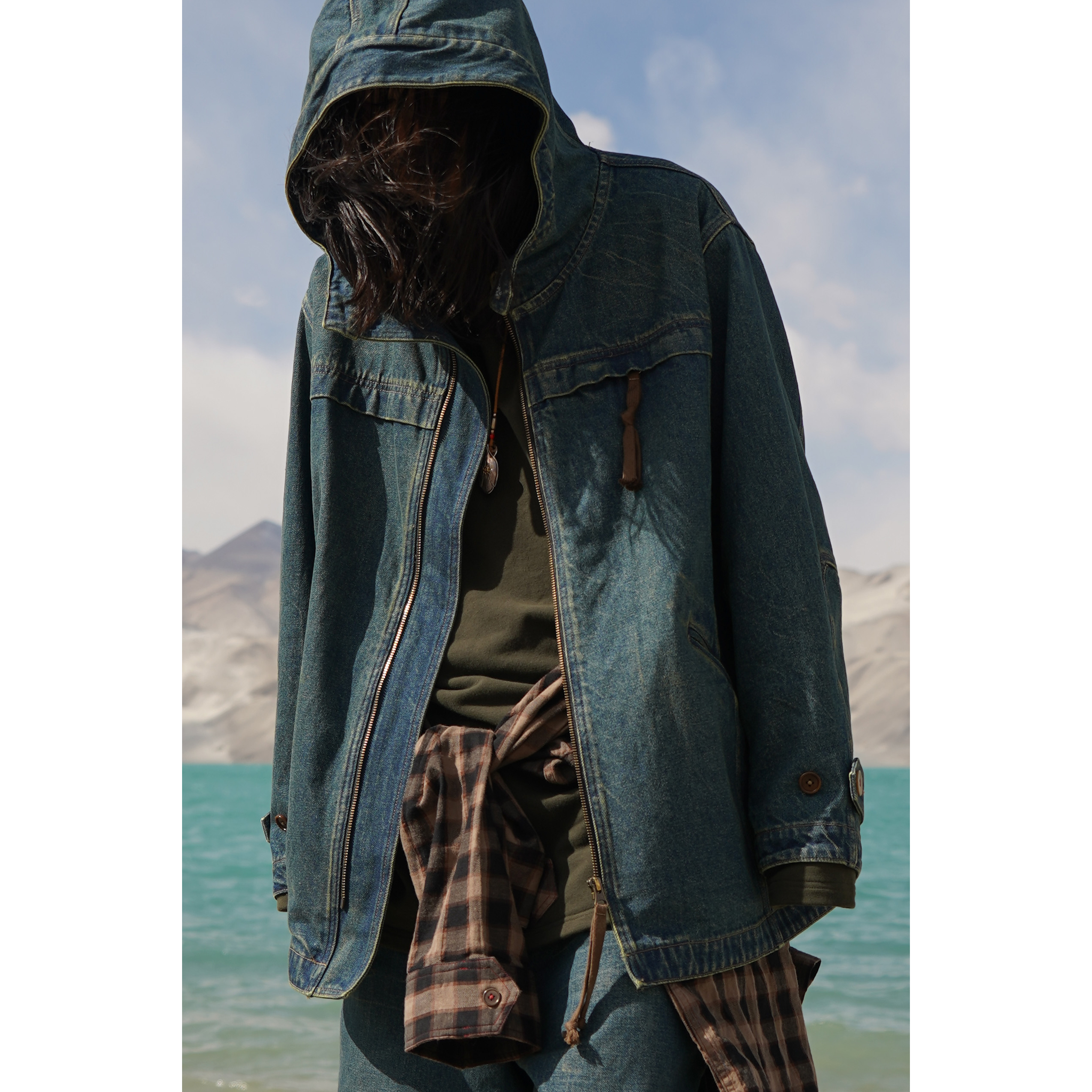 1533 | 连帽牛仔夹克 中长拉链外套风衣 做旧复古水洗黑 秋冬日系