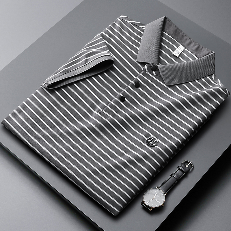 夏季轻奢高端刺绣条纹短袖polo衫男修身潮休闲商务翻领t恤保罗衫