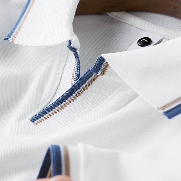 撞色点缀~轻奢夏季薄款柔白色小V领polo衫男士短袖修身翻领保罗衫