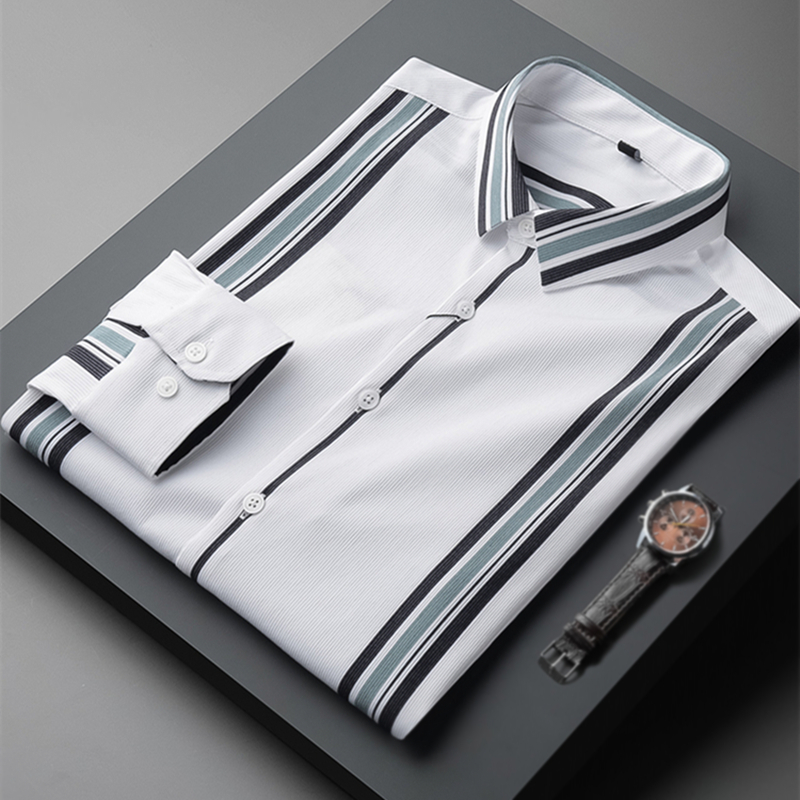 秋季薄款高级感衬衫品质细条纹长袖潮流男士时尚衬衣百搭休闲尖领