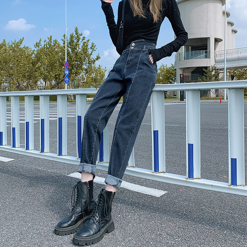高腰牛仔老爹裤女春秋季2022年新款春装深蓝色萝卜哈伦宽松裤子女