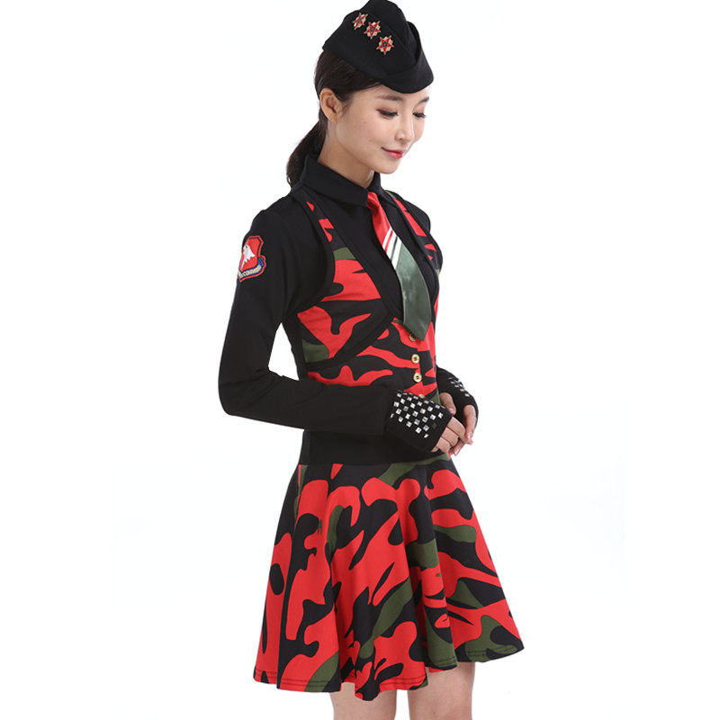 越野营水兵舞服装女新款翻领长袖短袖上衣广场舞表演服迷彩连衣裙