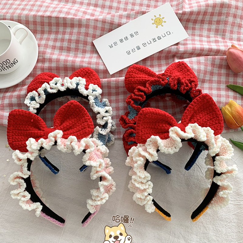 白雪公主发箍手工毛线编织发带可爱蝴蝶结头箍少女发饰