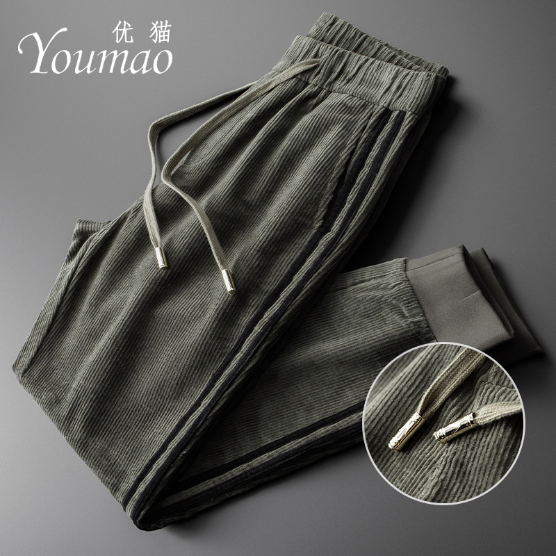 秋款男装灯芯绒男裤弹力束脚运动裤休闲裤长裤男士条纹秋冬季裤子
