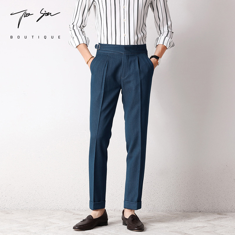 潮流复古商务休闲牛仔裤英伦修身单褶西裤男长裤子高腰直筒十分裤