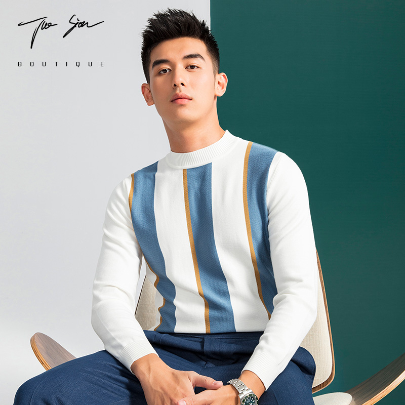 2021秋冬新款半高领毛衣男修身圆领套头中领针织打底衫条纹撞色潮