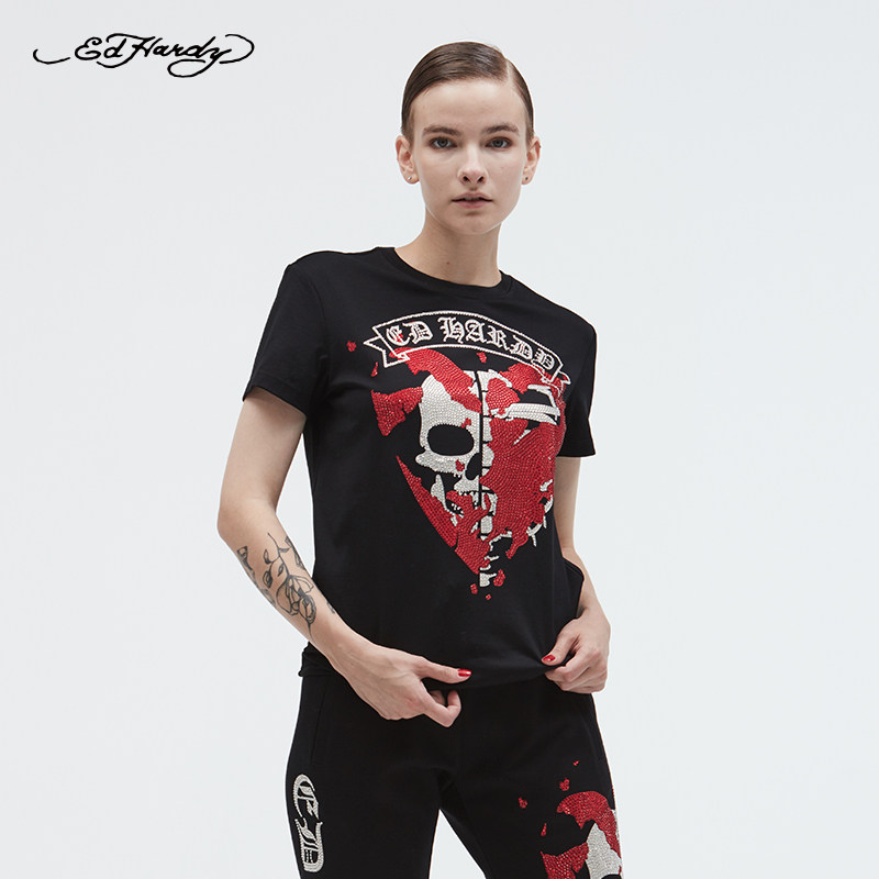edhardy春夏女士潮流个性骷髅头烫休闲短袖t恤