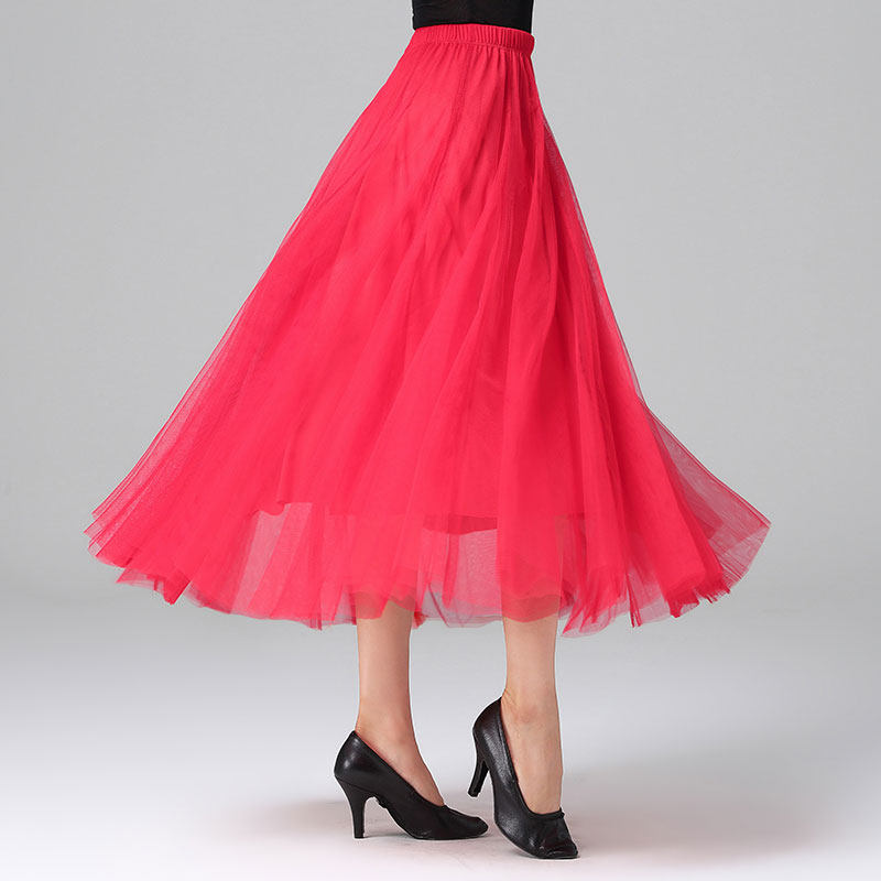 纱裙丹宝罗广场舞女长红色半身舞蹈大摆跳舞交谊舞广场舞半身裙