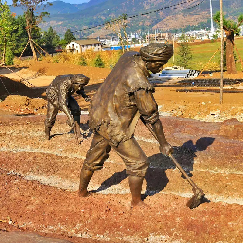 玻璃钢仿铜农民插秧水稻人物雕塑铸铜农耕小品摆件