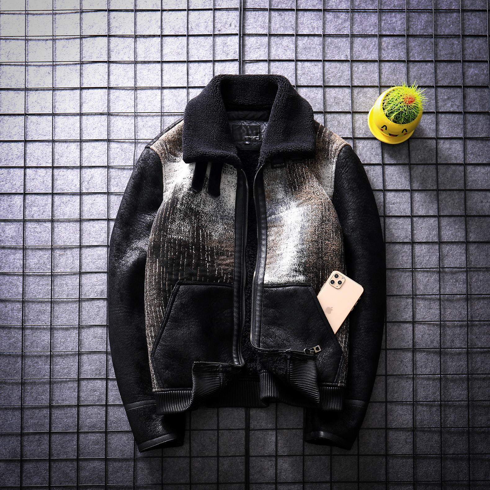羊羔毛外套2021冬季海宁皮毛一体男拼色短款韩版加厚皮衣夹克加绒