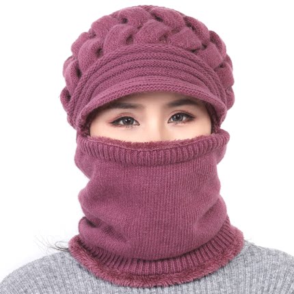 中老年帽子子女秋冬毛线连体一体围巾冬季保暖帽子