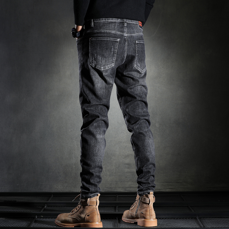 2022春夏秋四季新款黑色牛仔裤男士磨白修身小脚韩版潮流弹力裤子