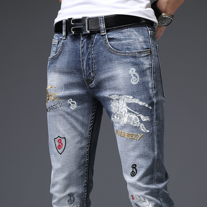 香港高端春秋款浅色牛仔裤修身小脚男士休闲直筒长裤潮流百搭冬季