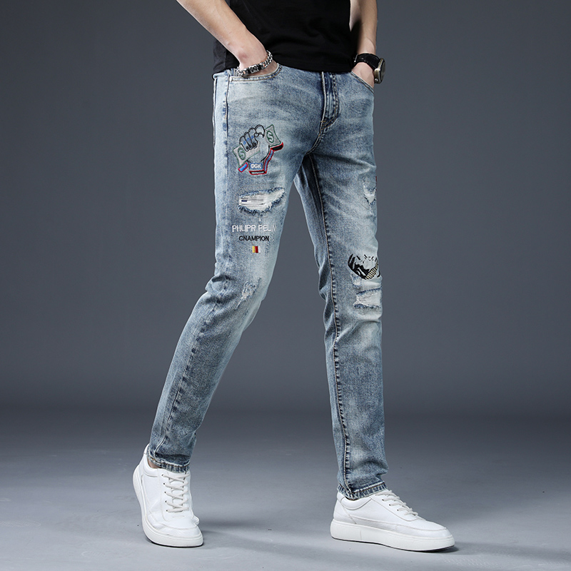 高端刺绣破洞牛仔裤男2021年春秋款修身小脚裤子韩版潮流男士长裤