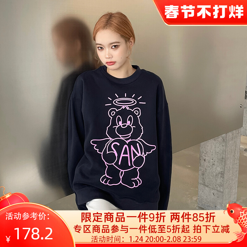 Sanjati crane天使熊印花宽松圆领卫衣复古高街潮牌新款情侣同款