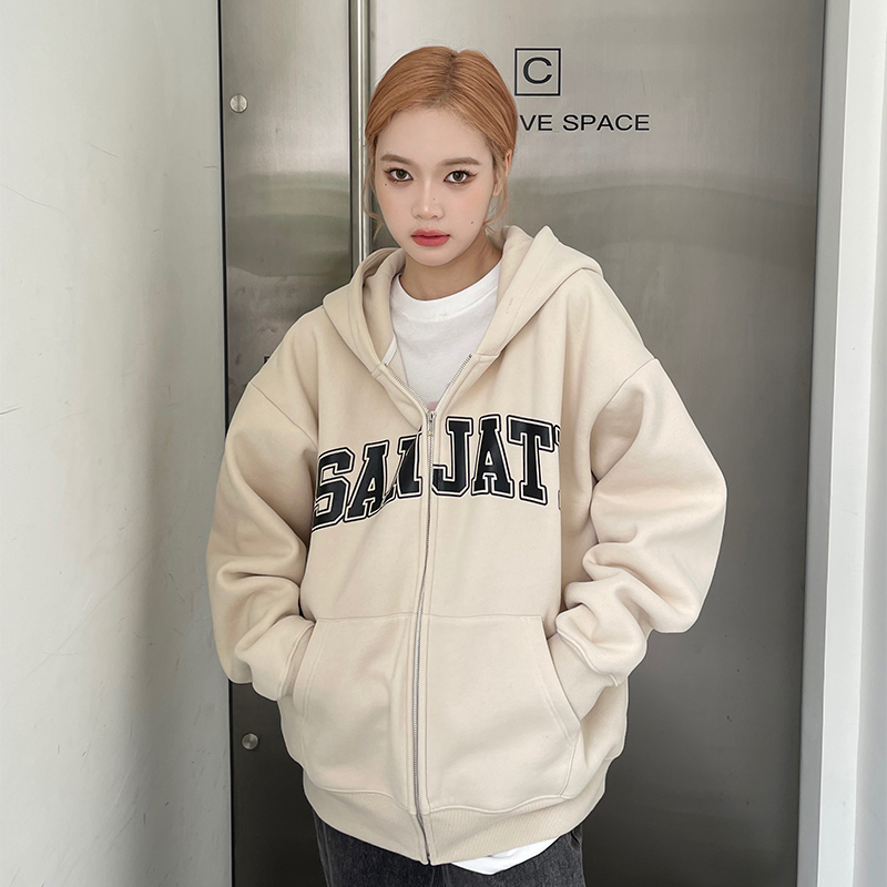 Sanjati crane基础美式字母印花国潮牌拉链连帽卫加绒衣男女外套