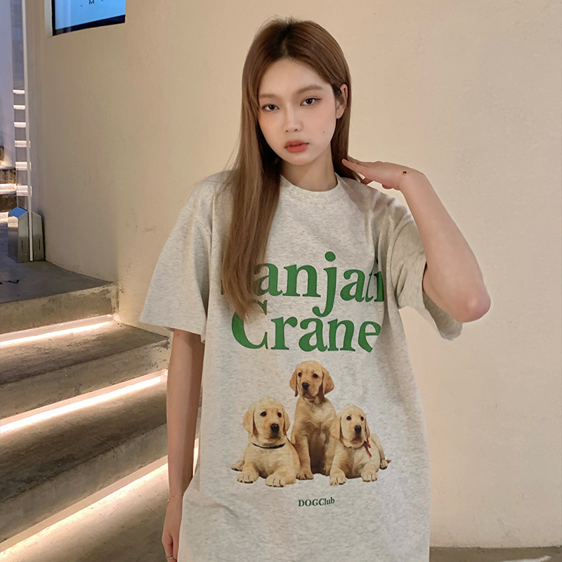 Sanjati crane狗狗复古美式印花宽松休闲短袖国潮男女情侣同款T恤