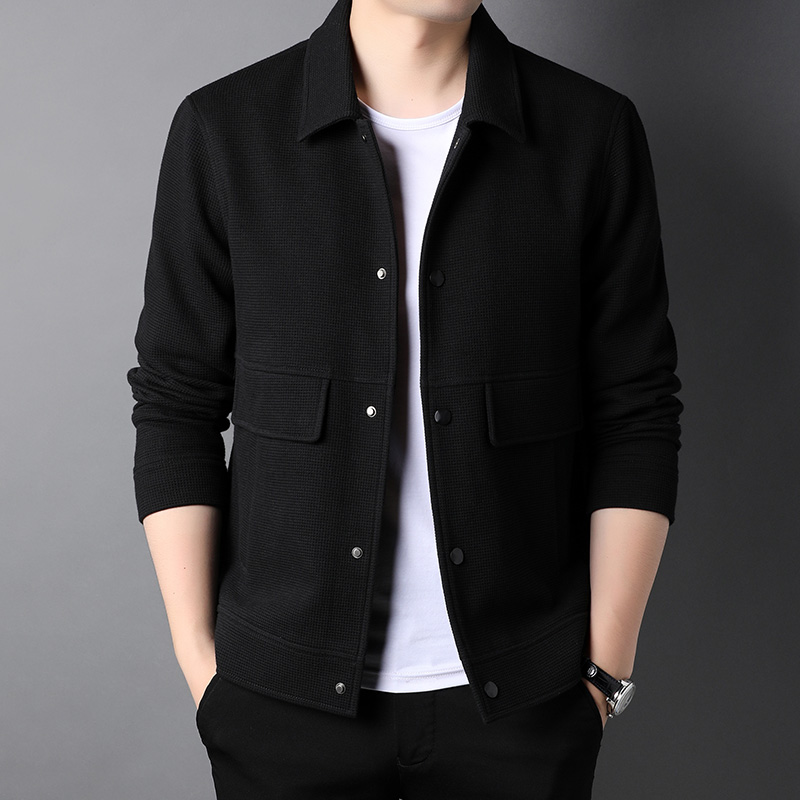 翻领工装夹克男士春秋新款华夫格针织外套秋季韩版休闲男装上衣服