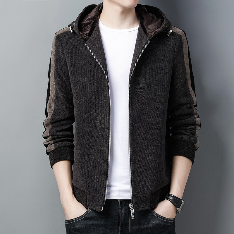 秋冬季连帽加厚休闲夹克男撞色运动风外套韩版针织衫男装潮流大衣