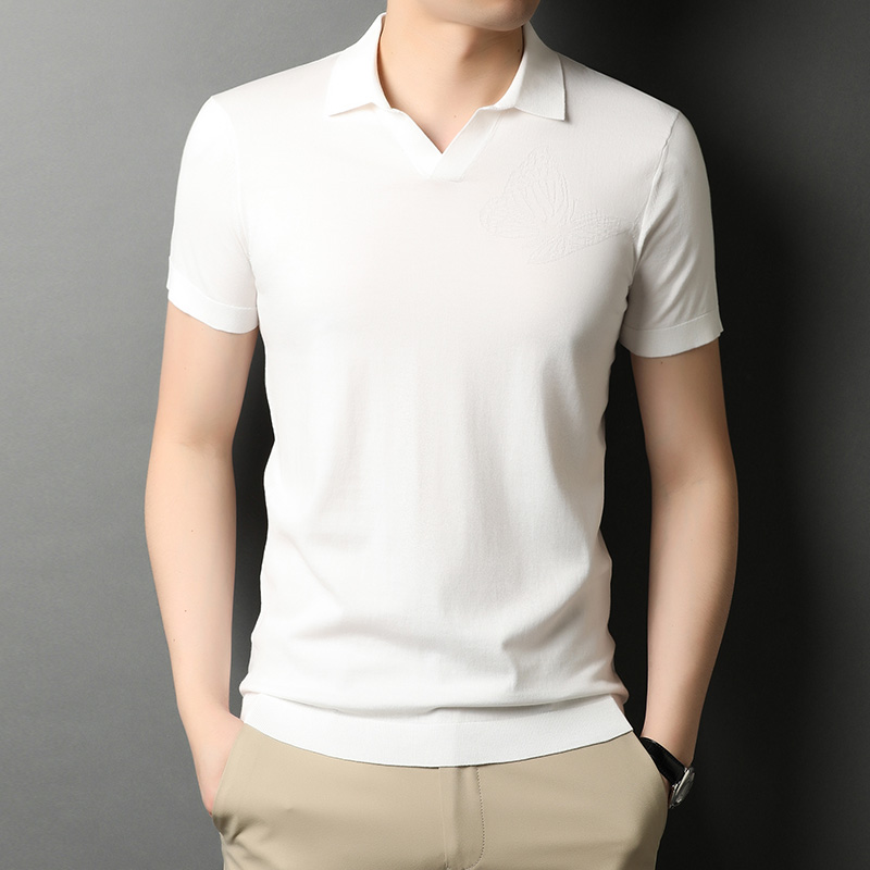 夏季翻领纯棉短袖t恤男薄款无感针织体恤衫韩版男装蝴蝶提花半袖