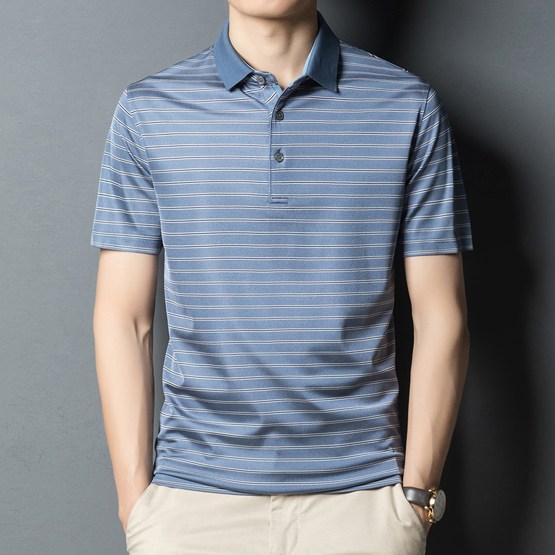 100%纯桑蚕丝短袖t恤男夏季新款翻领条纹polo衫高端商务真丝男装