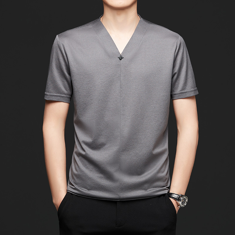 夏季V领桑蚕丝假开衫男士短袖t恤鸡心领半袖潮流韩版男装薄款体恤