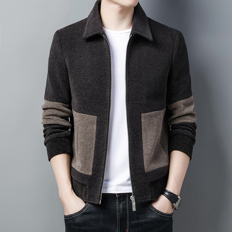翻领撞色加厚夹克男士针织衫休闲外套韩版潮流男装秋冬季夹棉大衣