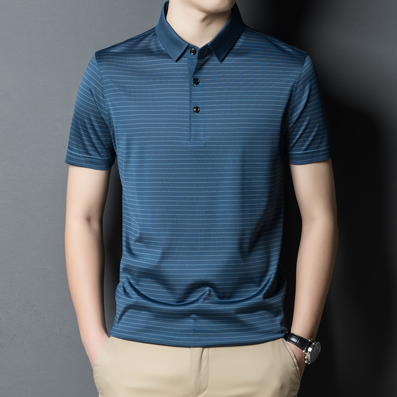 翻领桑蚕丝短袖t恤男夏季新款冰丝条纹polo衫商务男装夏天体恤丅