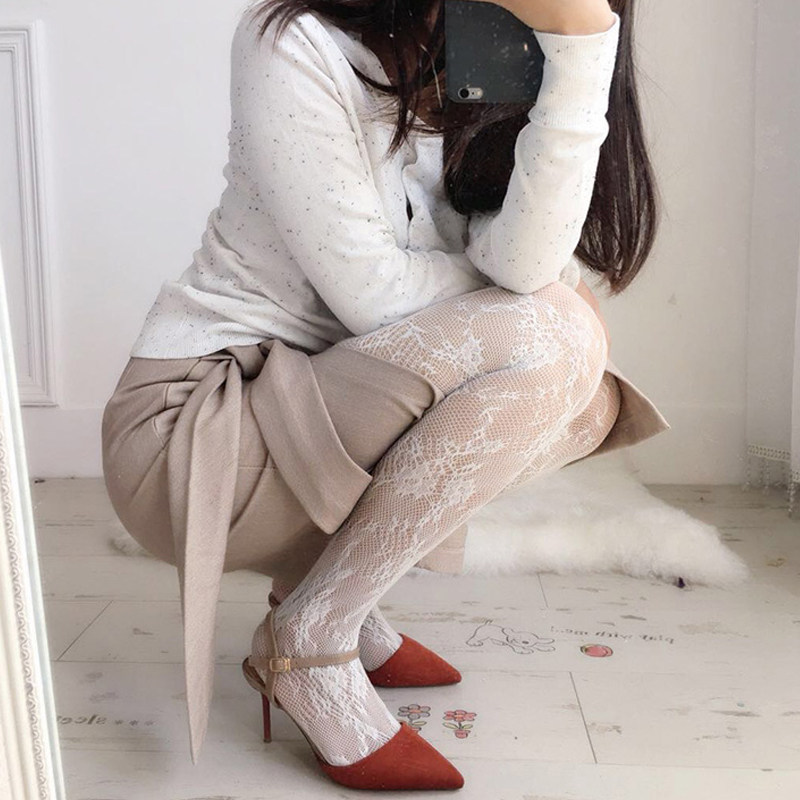 白色日系春夏复古蕾丝丝网洛丽塔镂空性感提花连裤袜