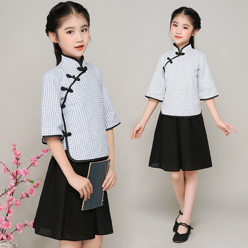 儿童民国学生装女童棉麻五四朗诵唱班古筝演出服儿童演出服