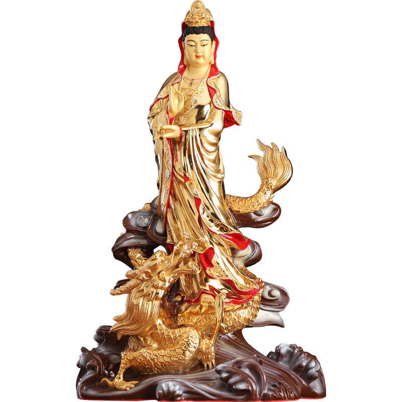 观音骑龙观音骑龙台湾鎏金乘龙摆件南海佛像供奉摆件