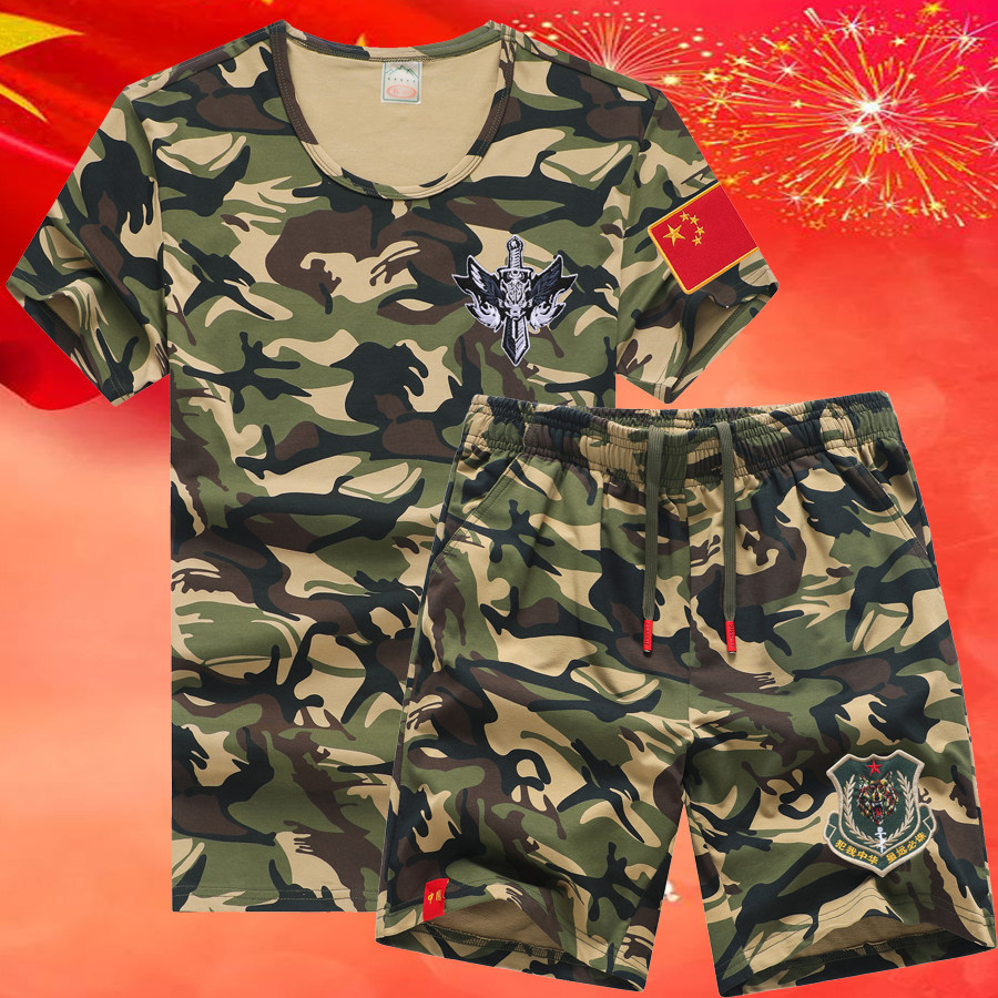 迷彩服套装男士军迷运动休闲迷彩短袖短裤刺绣作训外套