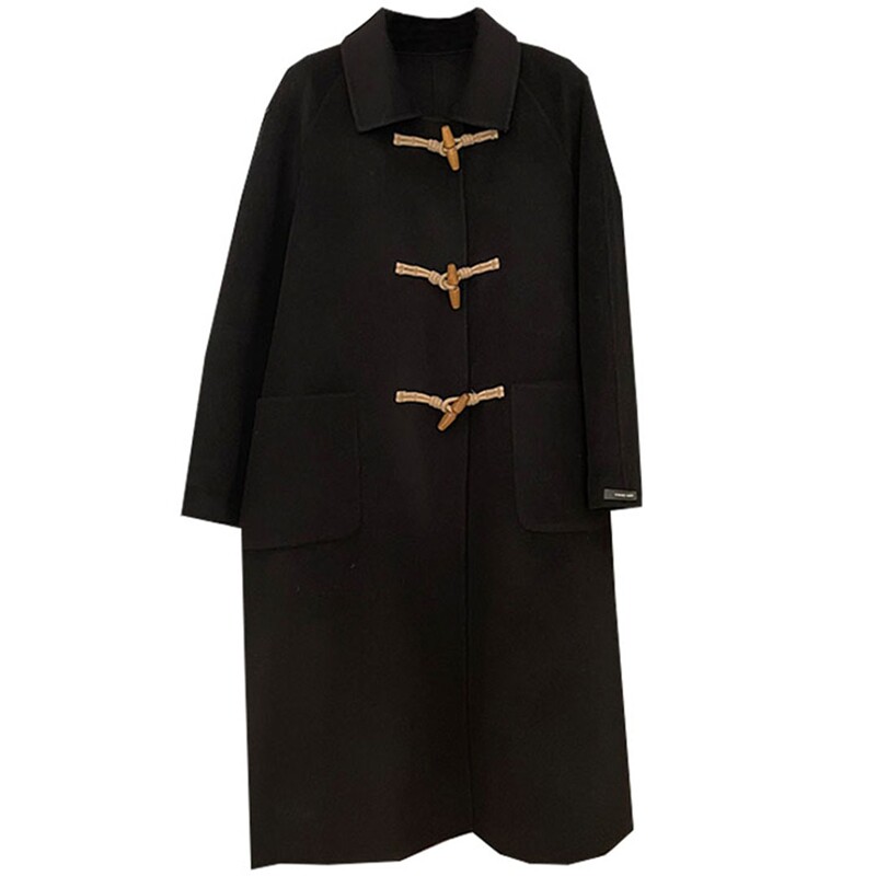 2022黑色牛角扣双面羊绒大衣女秋冬中长款小个子韩系毛呢外套呢子