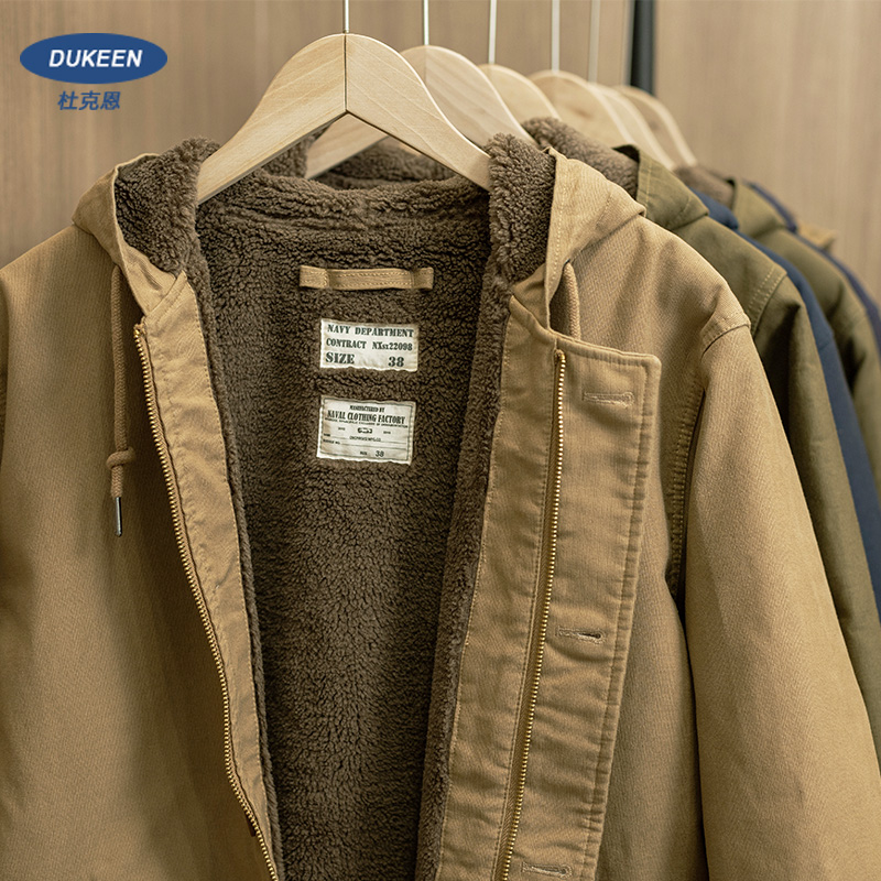 美式复古工装棉服男海军N1甲板服加绒加厚棉衣连帽冬季羊羔绒外套