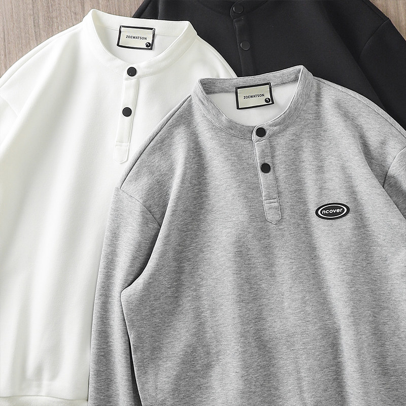 美式重磅亨利领卫衣男秋冬季珠地长袖阿美咔叽卫衣