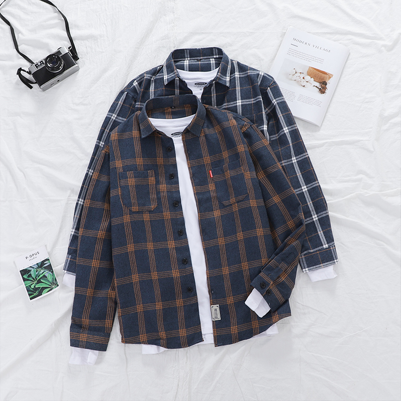 花格子衬衫长袖秋冬暖男穿搭内潮打底日系文艺衬衫