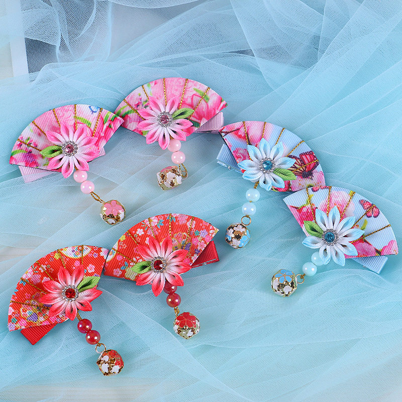 日式和风绉布樱花扇子发饰扇形流苏发夹边夹和服浴衣古风汉服头饰